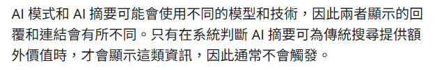 Google 官方表示只有在系統判斷 AI 摘要可為傳統搜尋提供額外價值時才會觸發 AIO